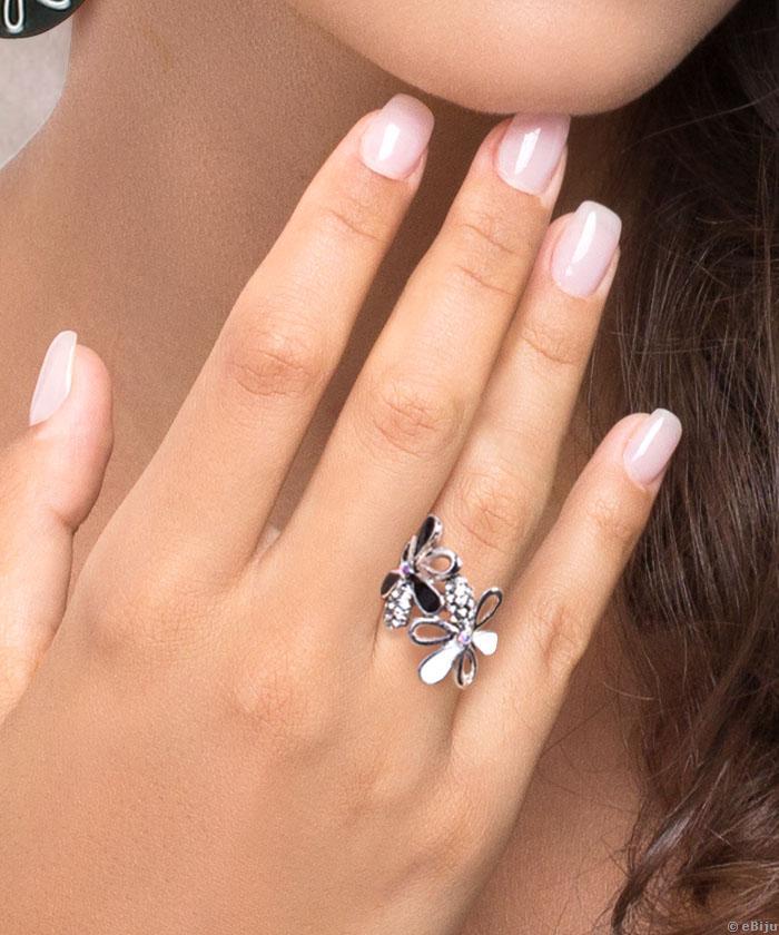 Két virágos gyűrű, fehér kristályokkal, ezüstszínű fémből, 18 mm