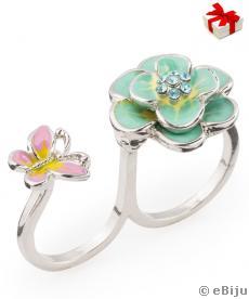 Kétujjas virág és pillangó gyűrű, Swarovski kristályokkal