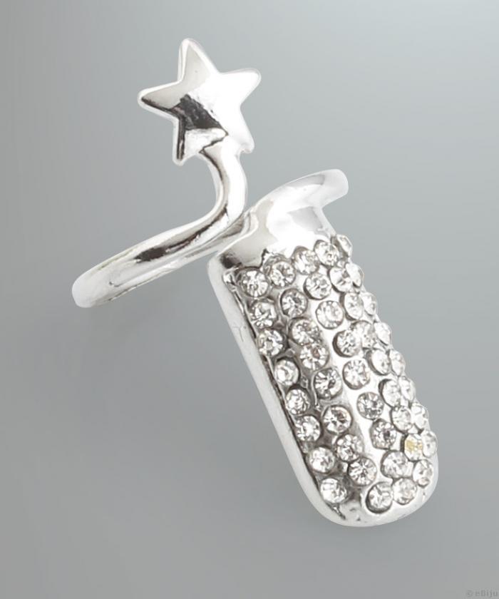 Kristályos körömgyűrű csillaggal, ezüstszínű fémből, 14 mm