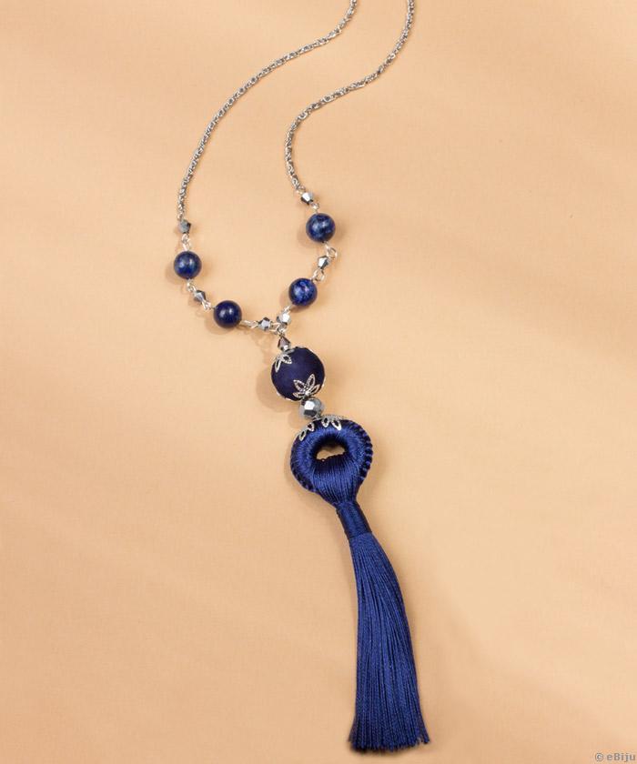 Lapis lazuli köves, hosszú nyakék, textil rojttal
