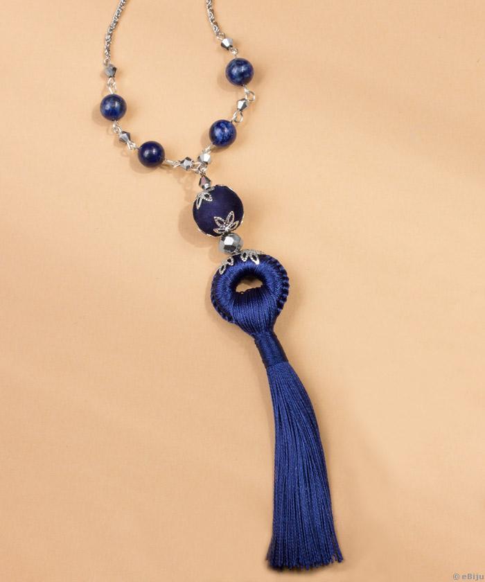 Lapis lazuli köves, hosszú nyakék, textil rojttal
