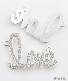 Love medál, kristályokkal, ezüstszínű fém, 4.2 x 3.3 cm