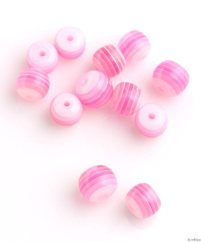 Műgyanta gyöngy, csíkos, rózsaszín, gömb forma, 1.1 cm