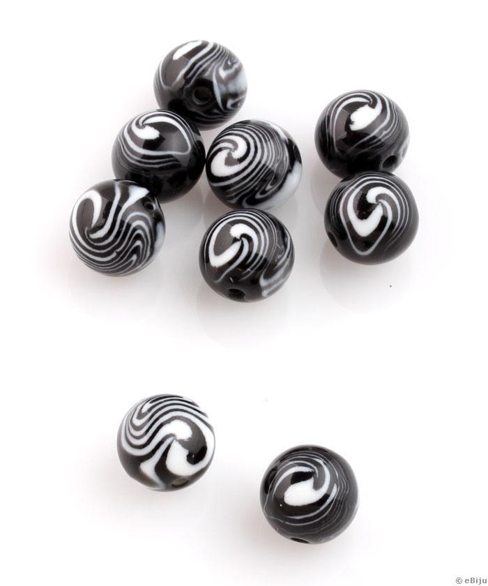 Műgyanta gyöngy, fekete-fehér, gömb forma, 1.2 cm