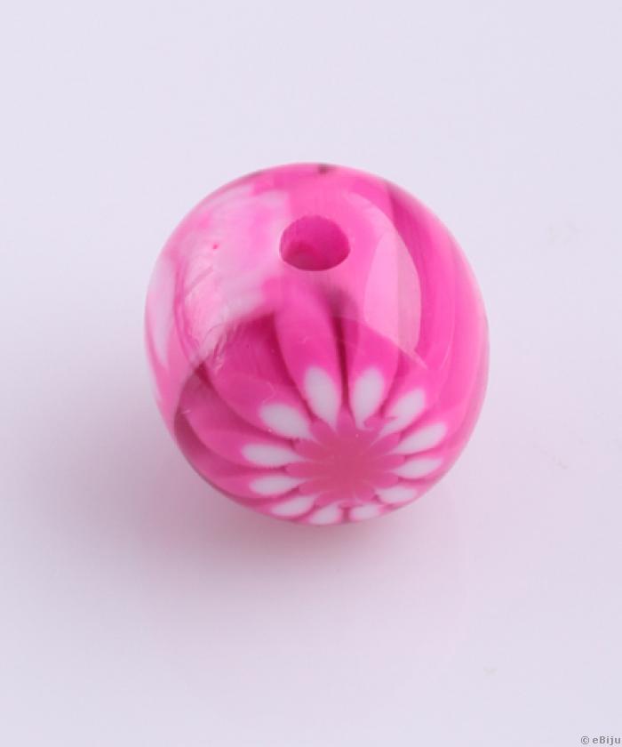 Műgyanta gyöngy, rózsaszín-fehér millefiori, gömb forma, 1.7 cm