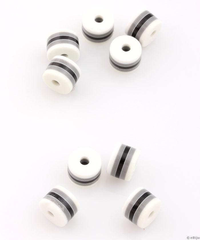 Műgyanta távtartó gyöngy, fehér-fekete-szürke, henger forma, 0.6 x 1.8 cm