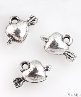 Nyílvesszővel átlőtt szív függő dísz, ezüstszínű akril, 1.3 x 1 cm