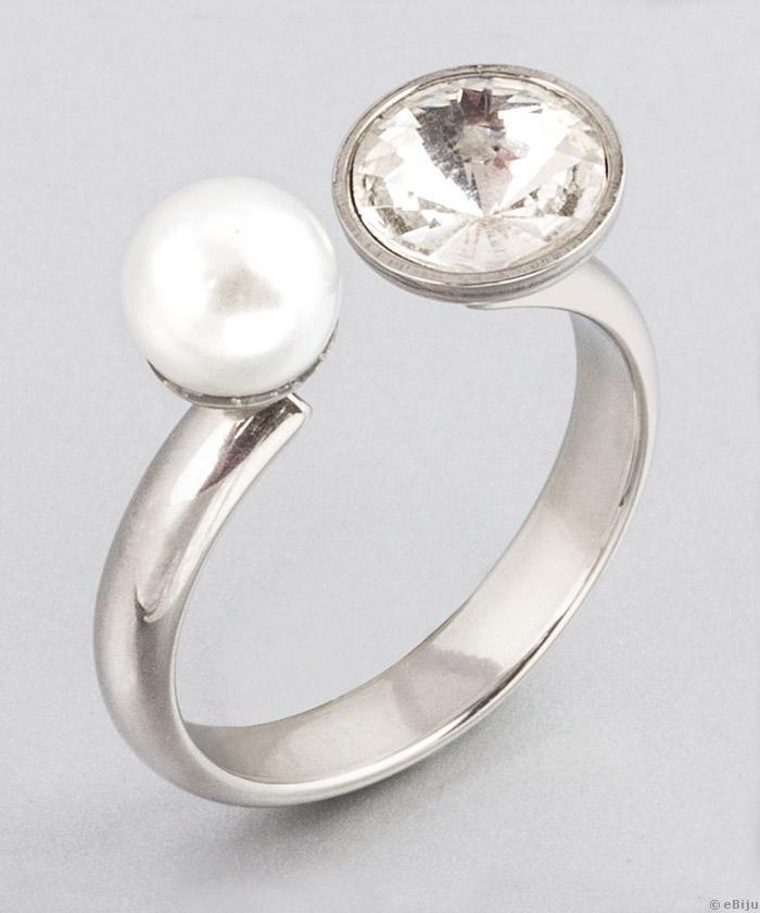 Nyitott ezüstszínű nemesacél gyűrű, kristály üveggyönggyel, 18 mm