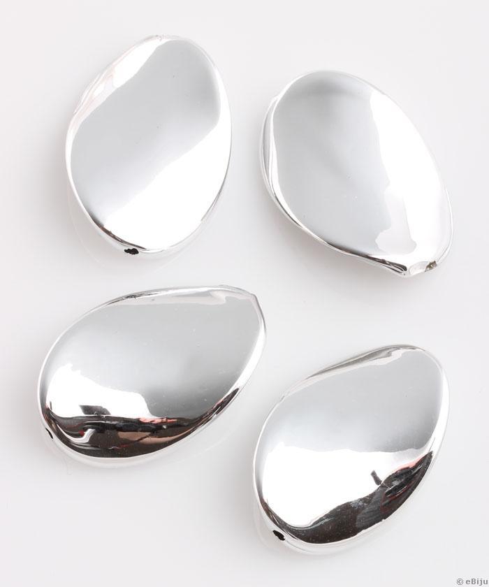 Ovális formájú akril gyöngy, világos ezüstszínű, 2.5 x 3.7 cm