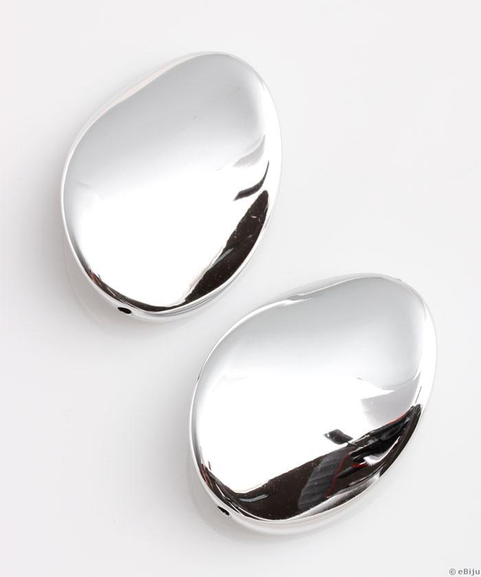 Ovális formájú akril gyöngy, világos ezüstszínű, 3.3 x 4.5 cm