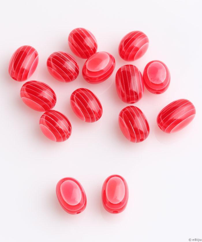Ovális műgyanta gyöngy, csíkos, piros, gömb forma, 1 x 1.3 cm