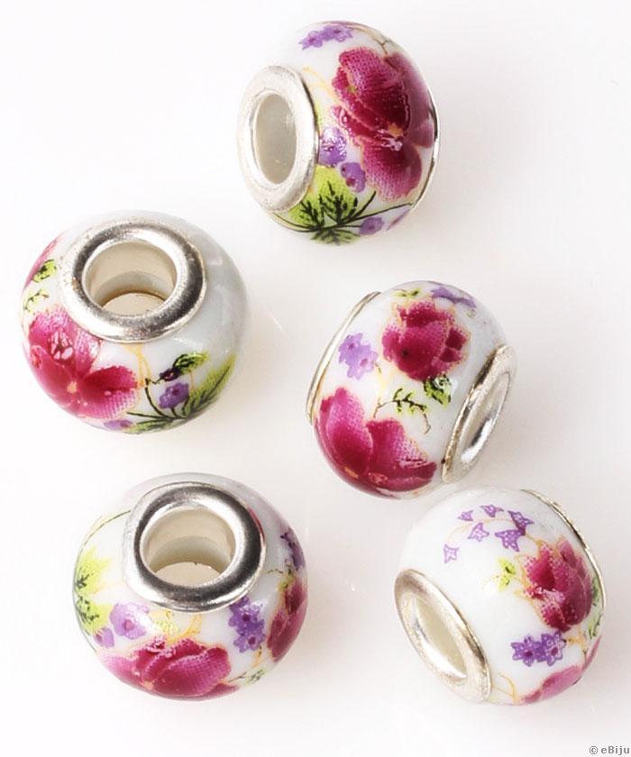 Pandora típusú gyöngy, porcelán, virágmintás, 1.4 cm