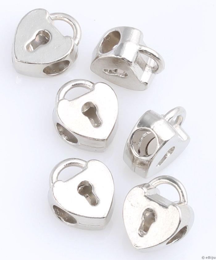 Pandora típusú gyöngy, szív formájú lakat, ezüstszínű, 1.2 cm