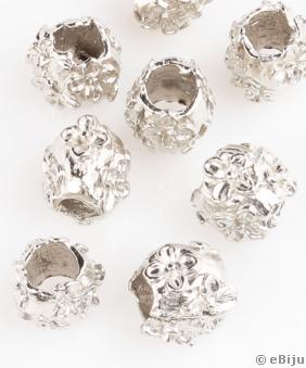 Pandora típusú gyöngy, vésett virágokkal, ezüstszínű, 0.9 cm