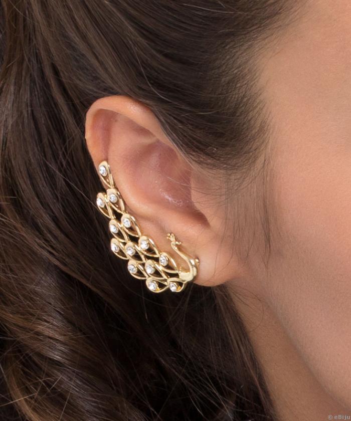Páva “ear cuff” fülbevaló, aranyszínű fém fehér kristályokkal
