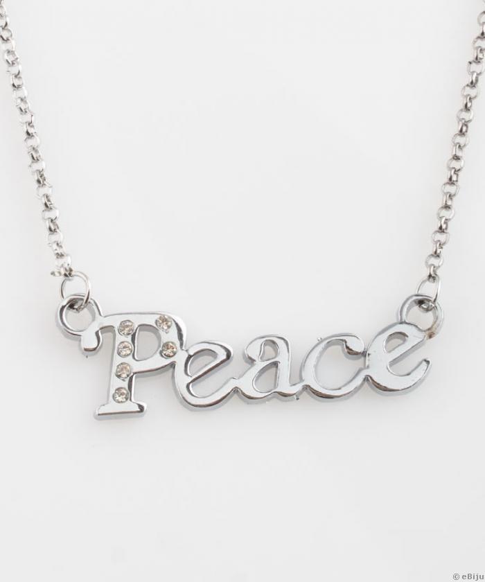 "Peace" medál fémből, fehér kristályokkal