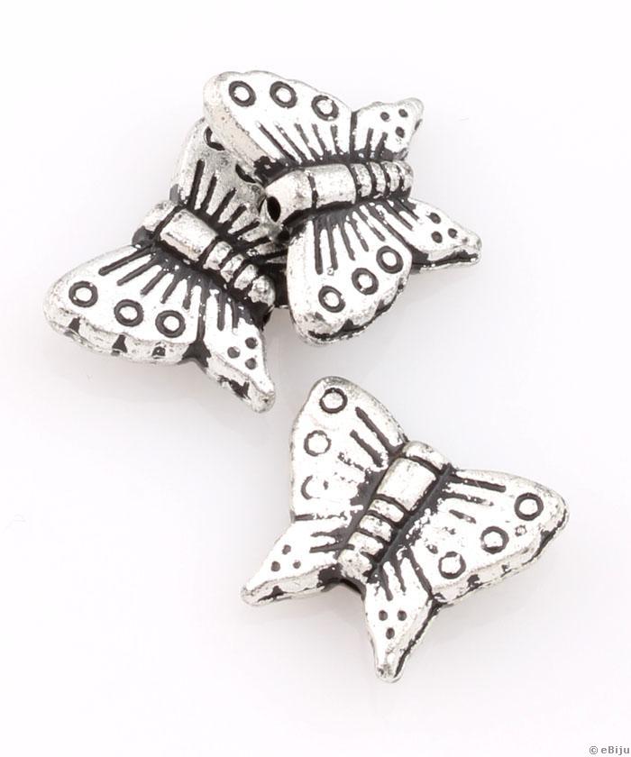 Pillangó akril gyöngy, antikolt ezüstszínű, 1.6 x 1.4 cm
