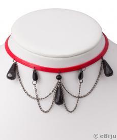 Piros choker, kristályokkal és lánccal