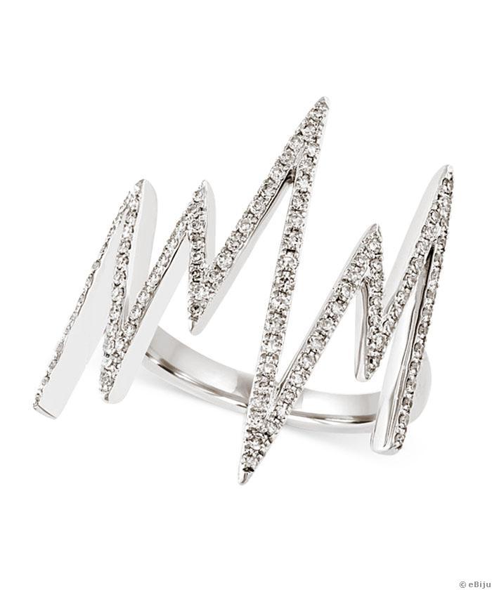 Pulzus mutatót mintázó ezüstszínű gyűrű, fehér kristályokkal