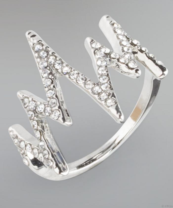 Pulzus mutatót mintázó ezüstszínű gyűrű, fehér kristályokkal, 17 mm