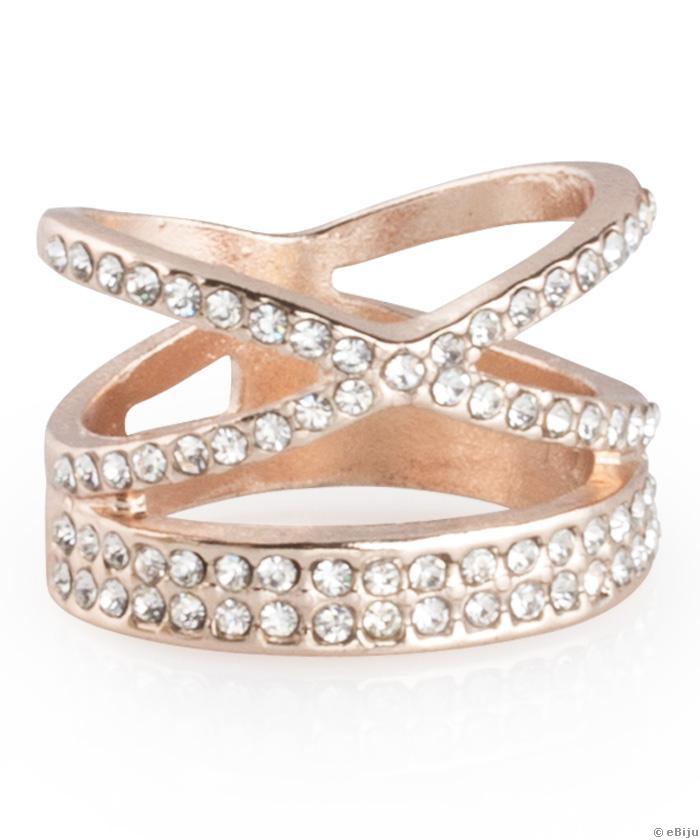 Rózsaszín aranszínű dupla gyűrű, fehér kristályokkal