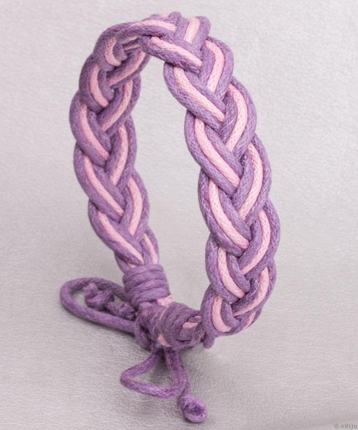 Rózsaszín és lila textilszálakból font karkötő, uniszex