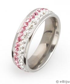 Rózsaszín-fehér kristályos, shamballa típusú gyűrű