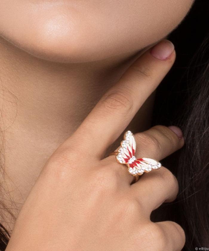 Rózsaszín pillangó gyűrű, aranyszínű fémből