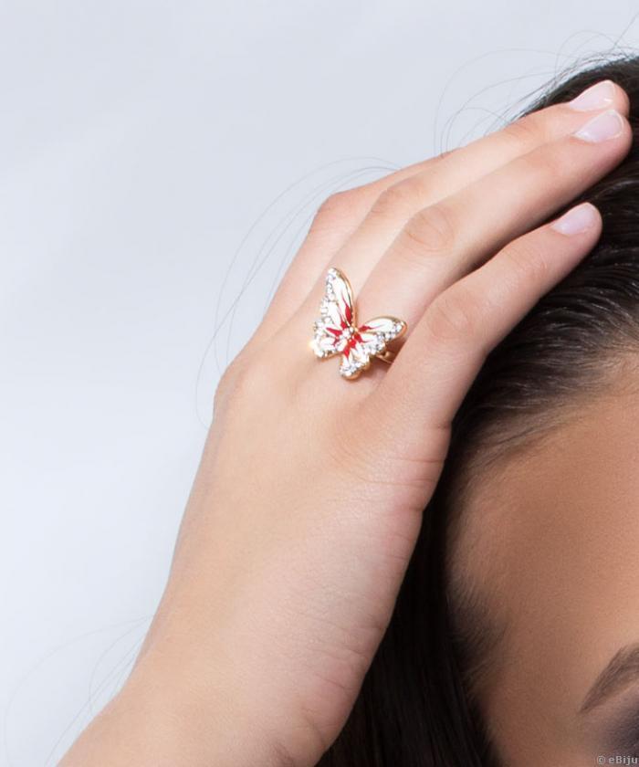 Rózsaszín pillangó gyűrű, aranyszínű fémből