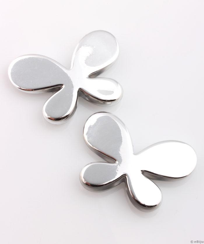 Stilizált pillangó akril gyöngy, ezüstszínű, 4.4 x 3.2 cm