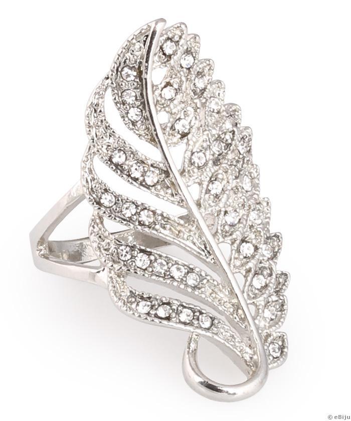 Stilizált toll formájú ezüstszínű gyűrű, kristályokkal