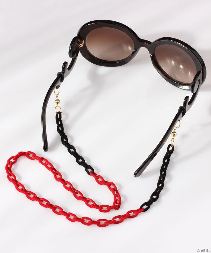 Szemüvegtartó lánc/nyaklánc, fekete és piros bársonnyal bevont láncszemekből