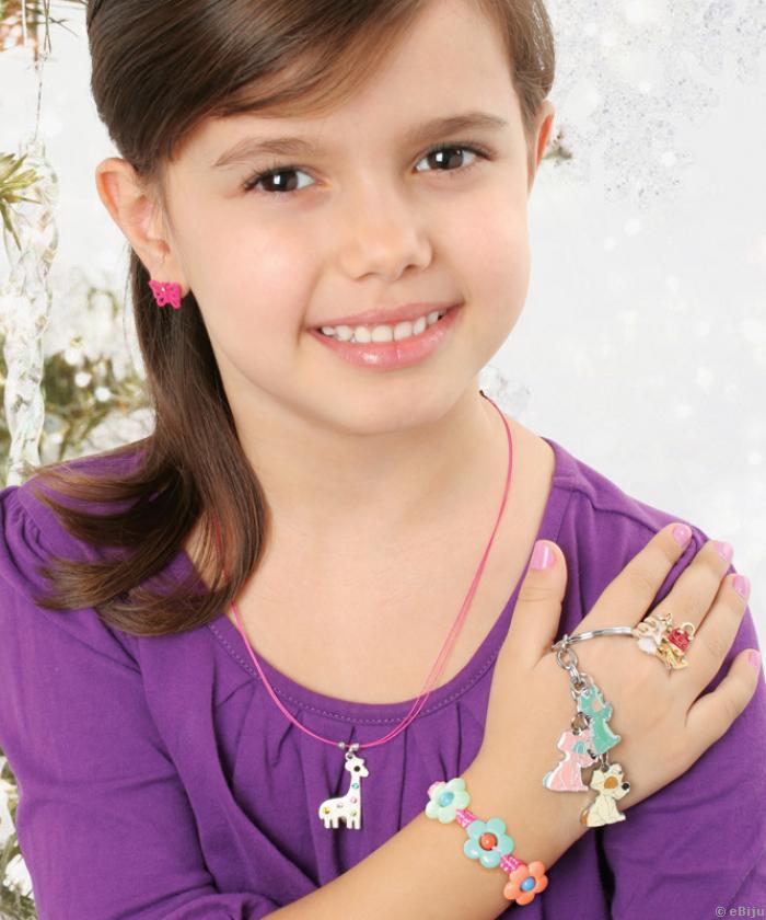 Színes virágos kislány  karkötő, rózsaszín fonott textilből