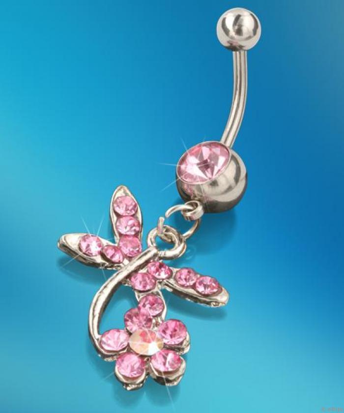 Szitakötő és virág alakú köldök piercing, rózsaszín strasszokkal