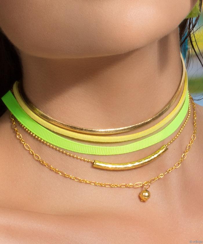 Többsoros choker; neonzöld, aranyszínű és sárga