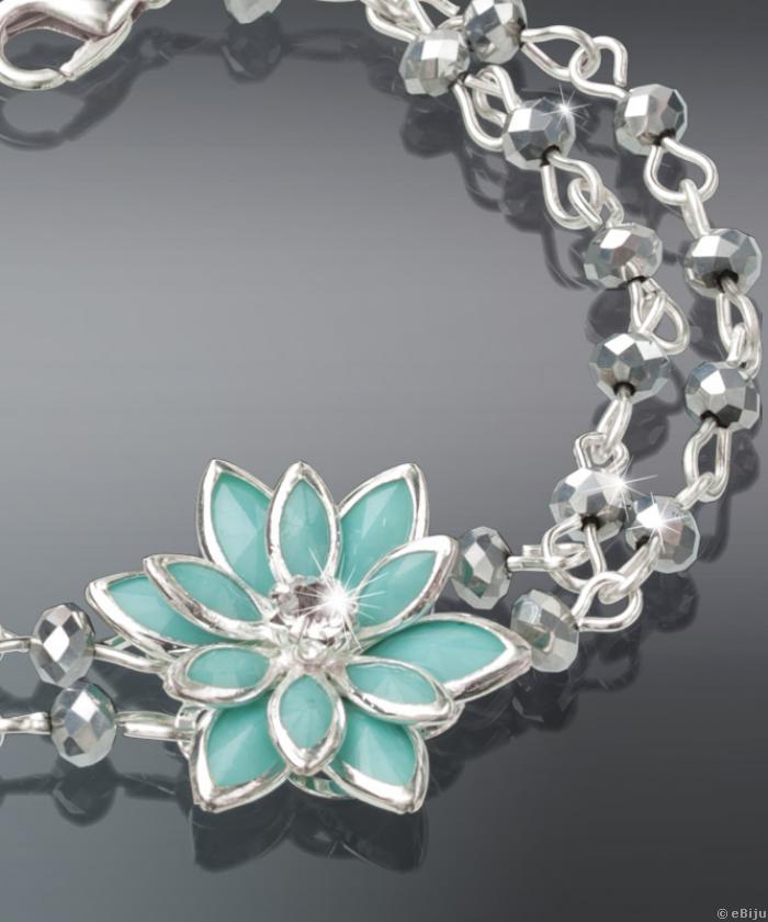 Türkizkék virág karkötő ezüstszínű kristályokkal