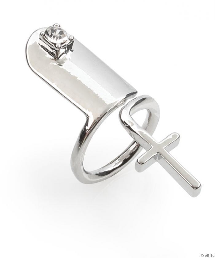 Ujjvég gyűrű, kereszttel és fehér kristállyal, 13 mm
