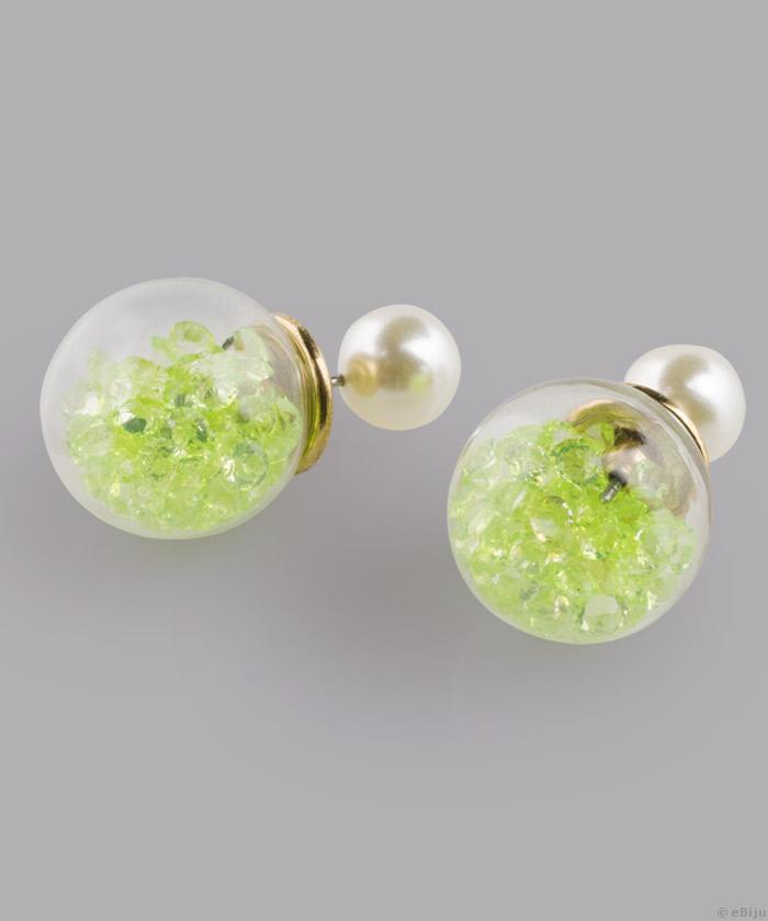 Üveggömbös dupla fülbevaló, zöld kristályokkal