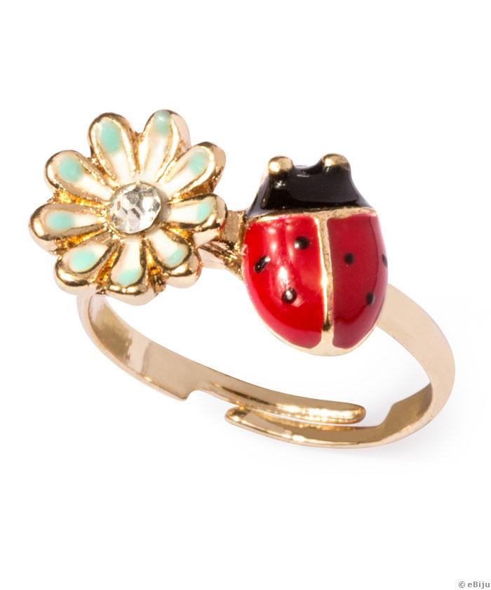 Virág és katicabogár gyűrű, aranyszínű zománcozott fém