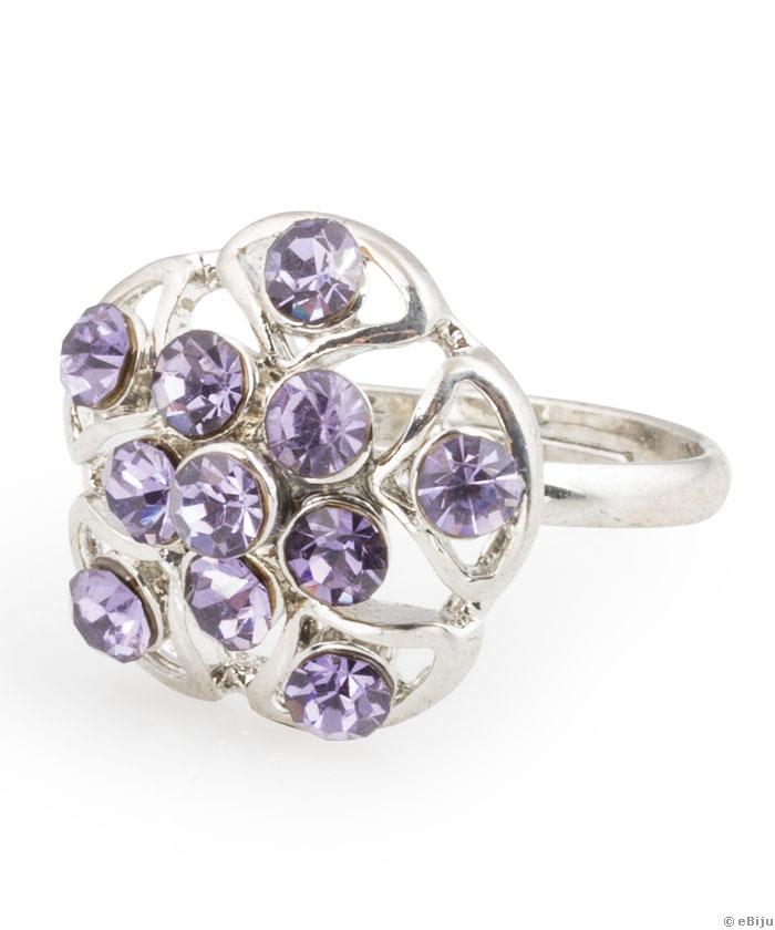 Virág formájú gyűrű, lila kristályokkal