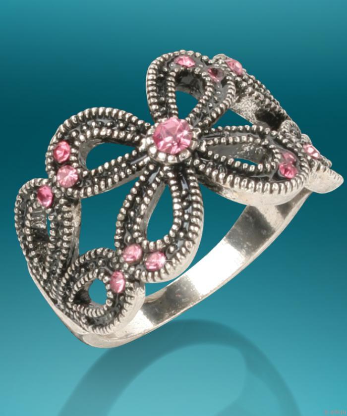Virág gyűrű, rózsaszín strasszok antikizált fémmel, 18-as méret