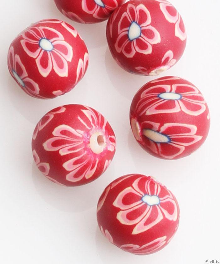 Virágmintás fimo gyöngy, piros-rózsaszín, gömb forma, 1.2 cm