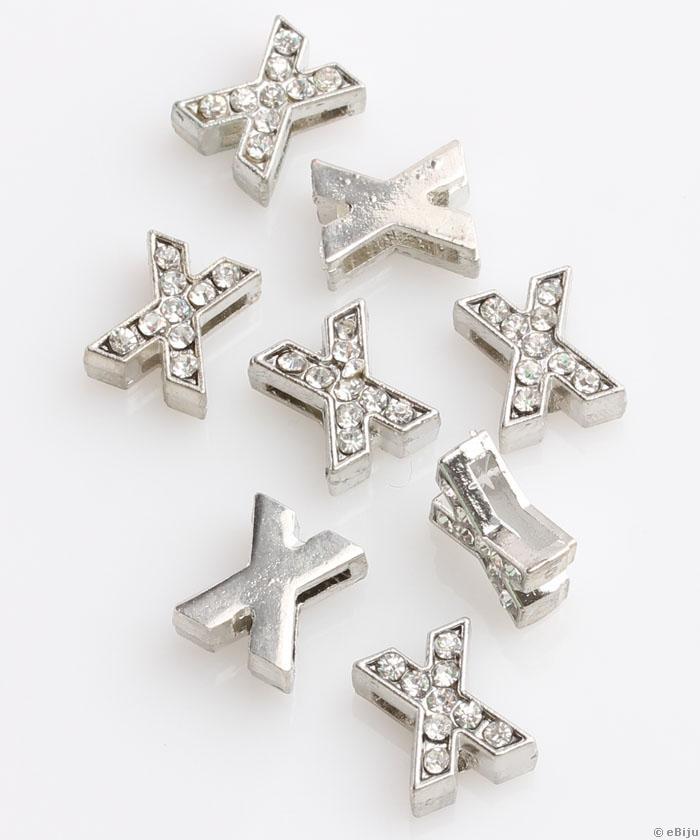 X betű távtartó medál, ezüstszínű fém, kristályokkal