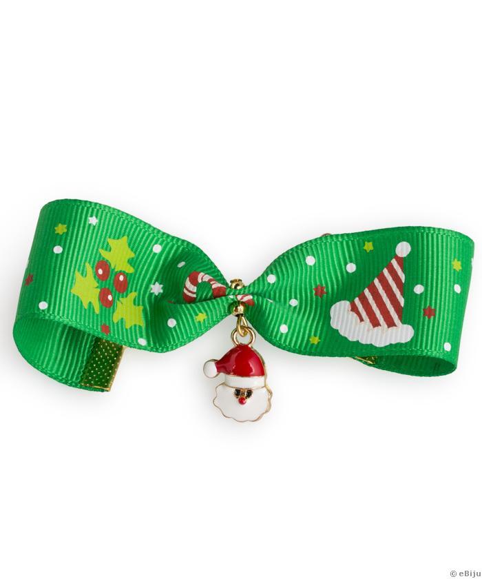 Zöld textil szalag karkötő, karácsonyi szimbólumokkal és Télapó medállal