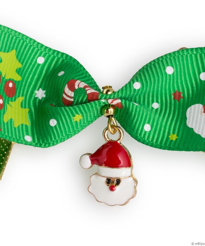 Zöld textil szalag karkötő, karácsonyi szimbólumokkal és Télapó medállal